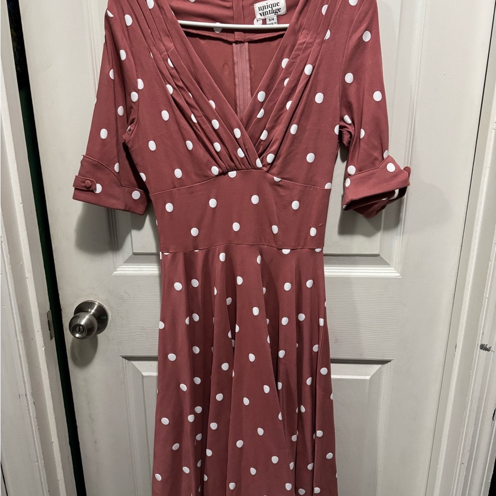 Unique Vintage Pink Polka Dot half Sleeve Dress